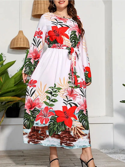 Plus Size Plant Flower Print Medium Length Dress, Large Size Long Sleeve Lace Up Waist, Slim and Fashionable Long Skirt