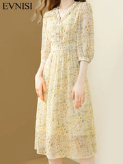 Elegant Floral Printing Women Chiffon Dress V-Neck Casual Office A-line