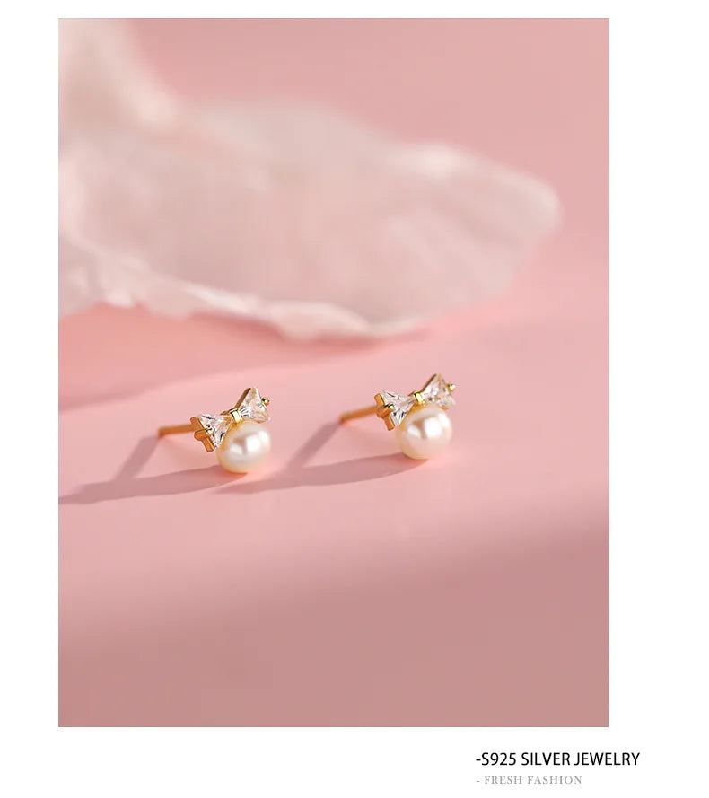 Korea Exquisite Vintage Zircon Pearl Bow Sweet Stud Earrings for Women 925 Sterling Silver Jewelry