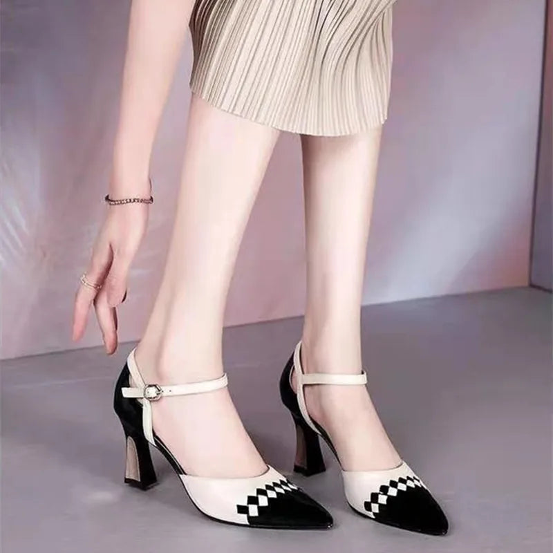 Women Cute Sweet Beige High Quality Office European Stylish Heel Shoes Lady Casual Black Stiletto Shoes Zapatos De Mujer E400