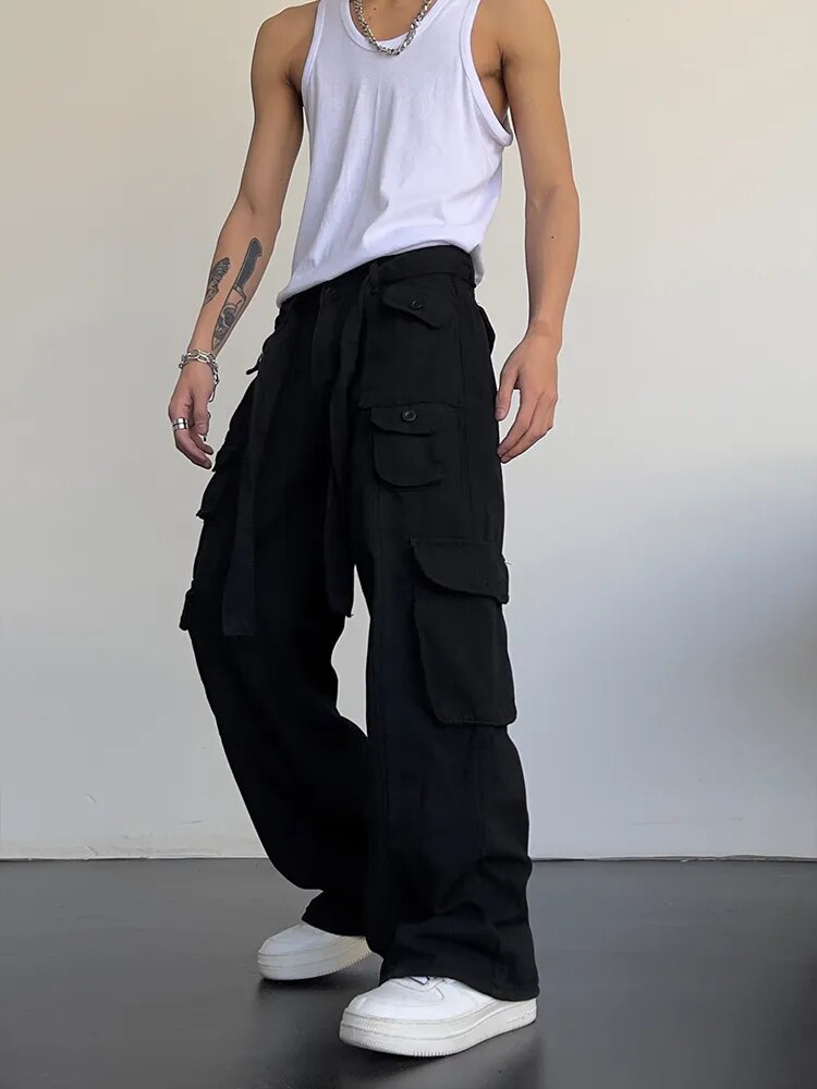 High street retro casual large pocket overalls men's and women's new summer high waist loose straight tube draped wide leg pants