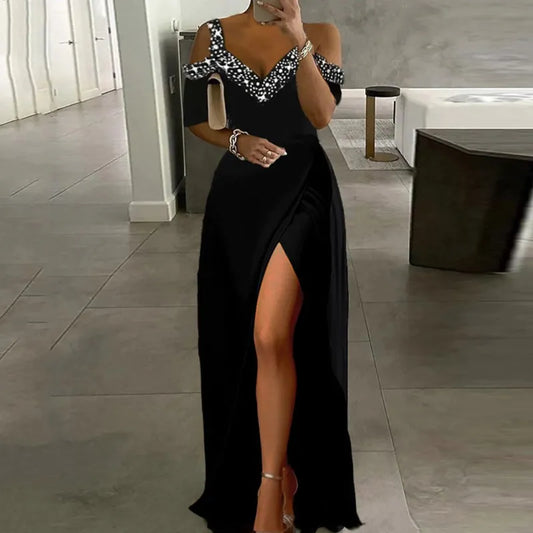 Evening Dresses: Women V Neck Off Shoulder Long Dress