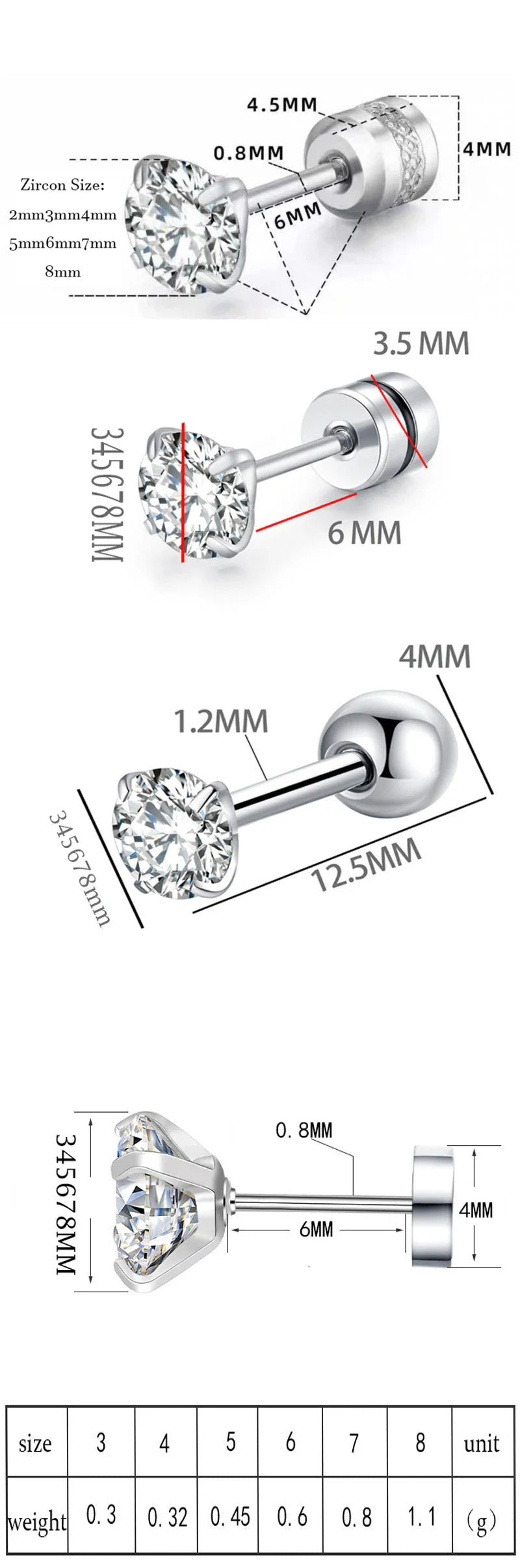 XUBCHC Stainless Steel Round Cubic Zirconia Ear Piercing For Women Men CZ Shiny Silver Color Stud Earrings Black Body Jewelry