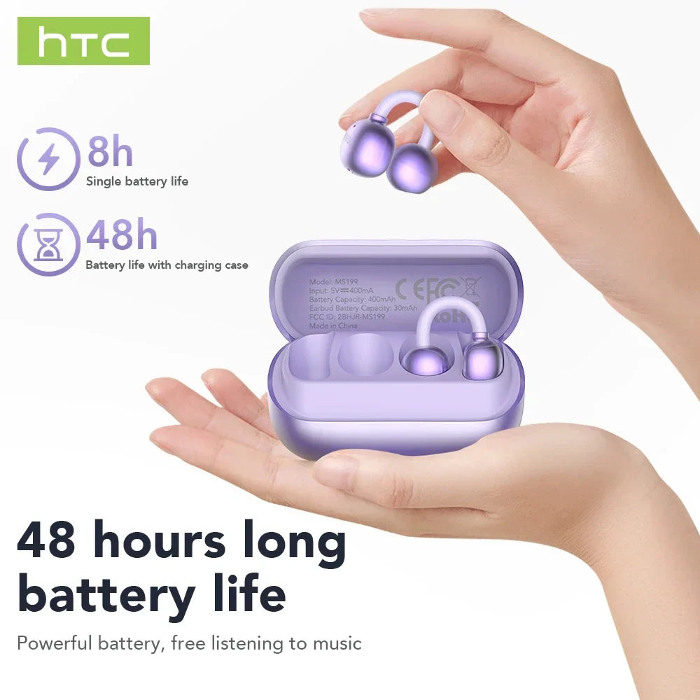 【HTC NE54】 Bluetooth V6.0 Earphones AI Translator LCD Screen Earbuds OWS Ear Clip Headphones Wireless Headphones Noise Reduction