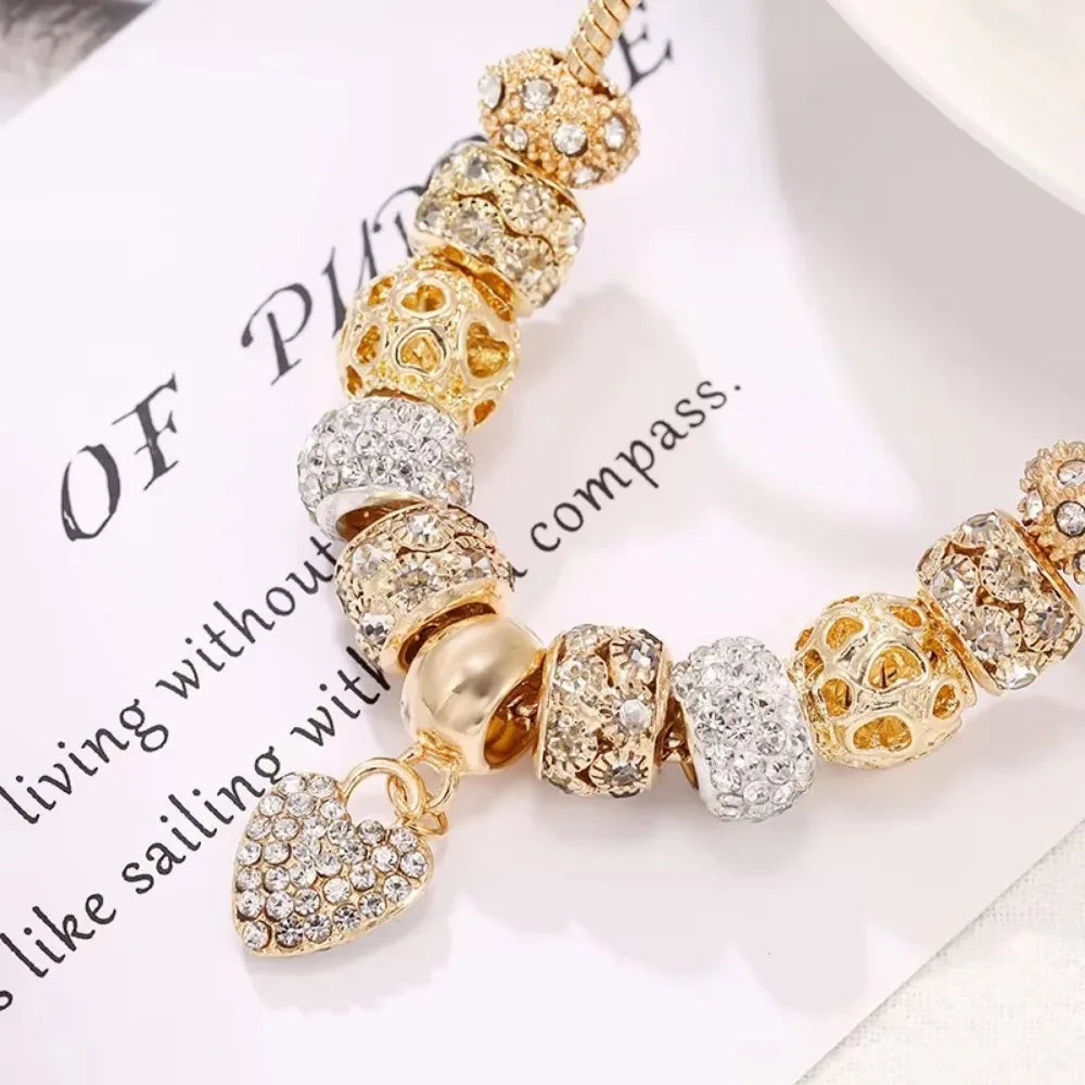 2024 New Crystal Heart Beads Charm Bracelets Gold Color Snake Chain Brand Bracelets for Women Lover Valentine's Day Jewelry Gift