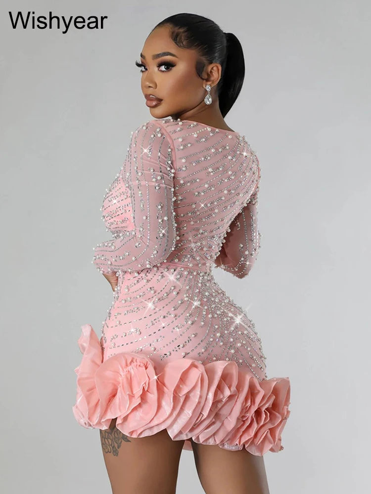 Formal attire Dresses: Evening Rhinestone Pearls Bodycon Ruffle Mini Dress