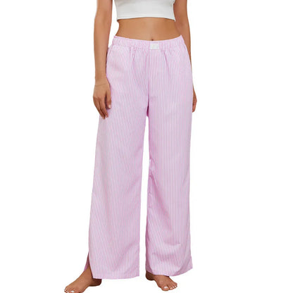 Women Wide Leg Pants Casual Loose Vertical Stripe Elastic Lounge Trousers with Pockets