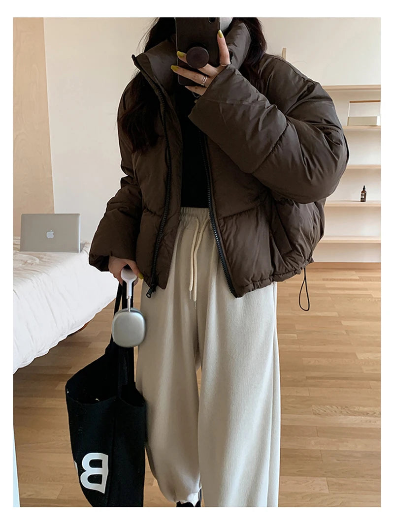 Korean Fashion Women Puffy Coats Simple Solid Loose Short Parkas Winter Thick