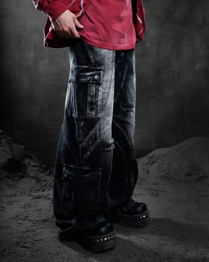Gothic Punk Y2k Jeans for Men Retro Black Rock Ripped Baggy Jeans