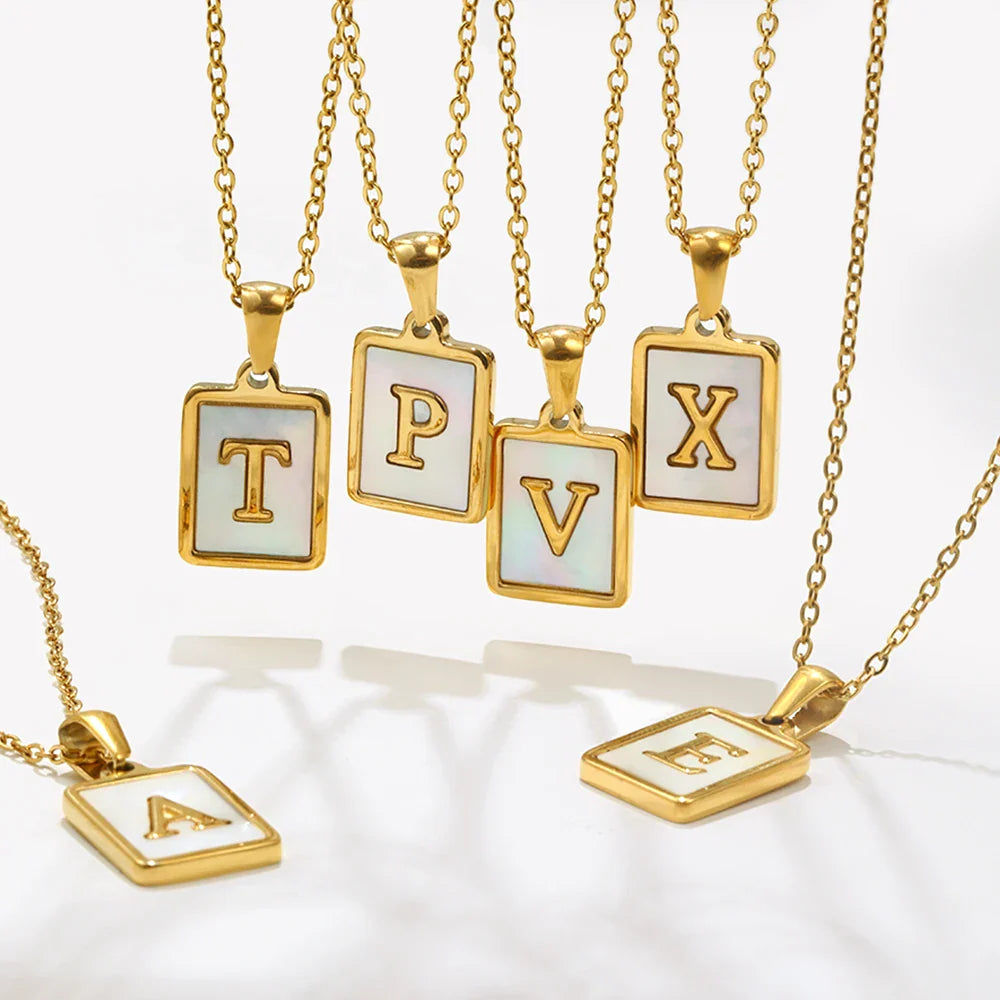 E.B.belle Minimalist Mother of Pearl Shell Stainless Steel Tarnish Free Initial Necklace Gold Plated Letter Necklace for Women
