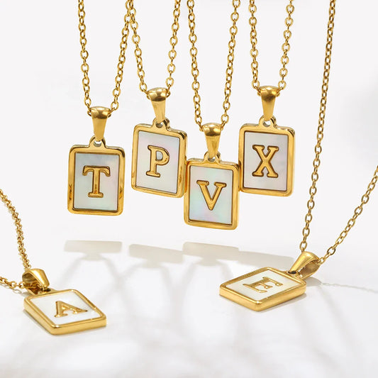 E.B.belle Minimalist Mother of Pearl Shell Stainless Steel Tarnish Free Initial Necklace Gold Plated Letter Necklace for Women