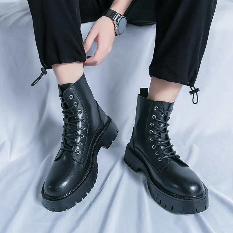 Men High Top Leather Shoes Fashion Ankle Military Boots Male Tactical Thick Soled Booties