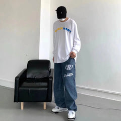 Streetwear Men Baggy Wide-leg Jeans Retro Harajuku Hip-hop Letter Thermoprint