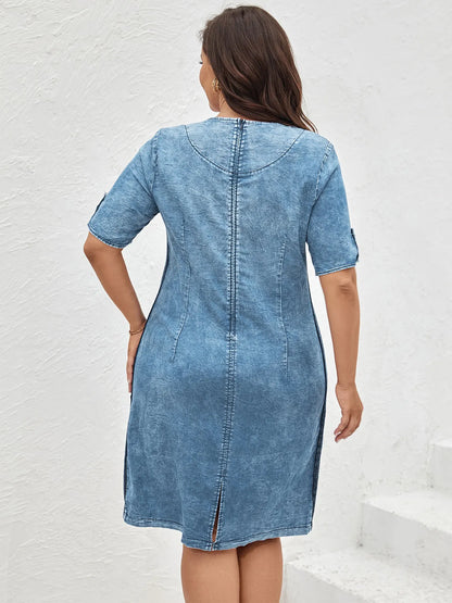 LIH HUA Women's Plus Size Denim Dress Summer Slim Dress Casual Dress Cotton Woven Denim Short Sleeves