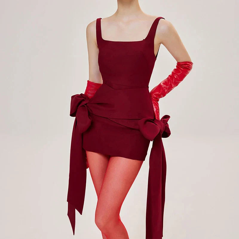 BKLD Fashion Red Bowknot Mini Dress Straps Square Collar Sleeveless Backless Vintage Cute Ladies Slim Party Short A-line Dresses