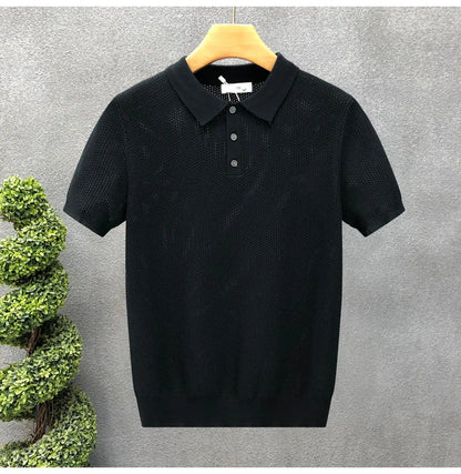 Turn Collar Knit Polo Shirt Short Sleeve Mens Sweater Top
