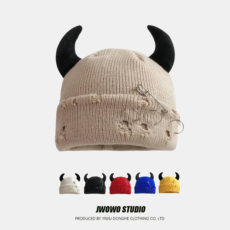 Unisex Knitted Beanie With Devil Horns Halloween Distressed Skull Cap Hip Hop Winter Warm Yarn Hat For Men Women