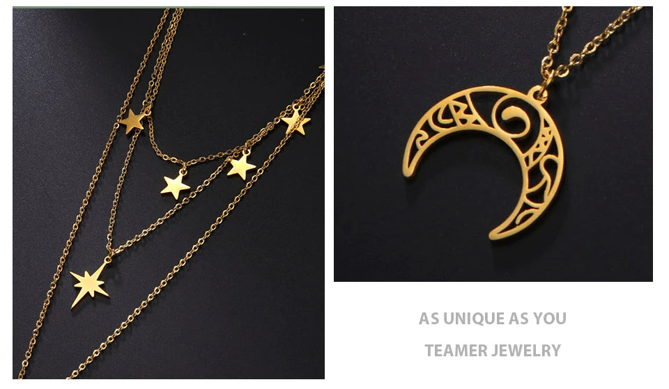 Teamer Three Layer Witchy Necklace for Women Star Moon Stainless Steel Necklaces