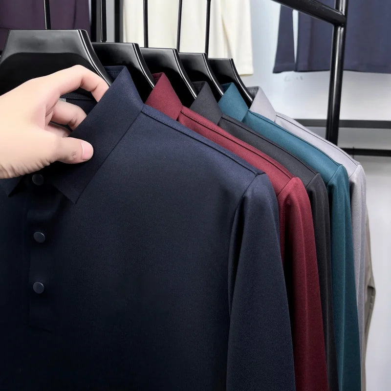 Luxury Quality Men's Polo Shirt No Trace Simple Solid Color Geometric Print Long Sleeve Autumn Lapel T-Shirt Business Menswear