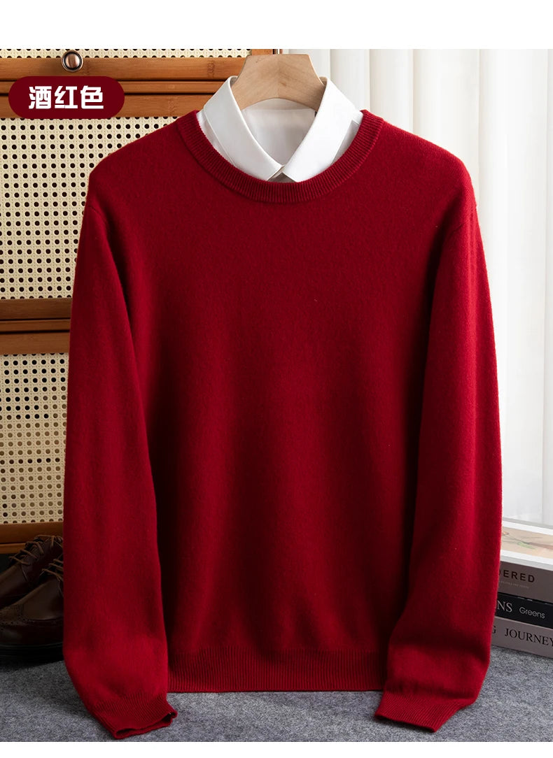 Pure Wool Sweater Men's Autumn Winter O-Neck Pullovers Business Casual