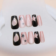 24pcs/box Mid length Ballerina Fake Nails Star Cat Eye French False Nails Full Cover