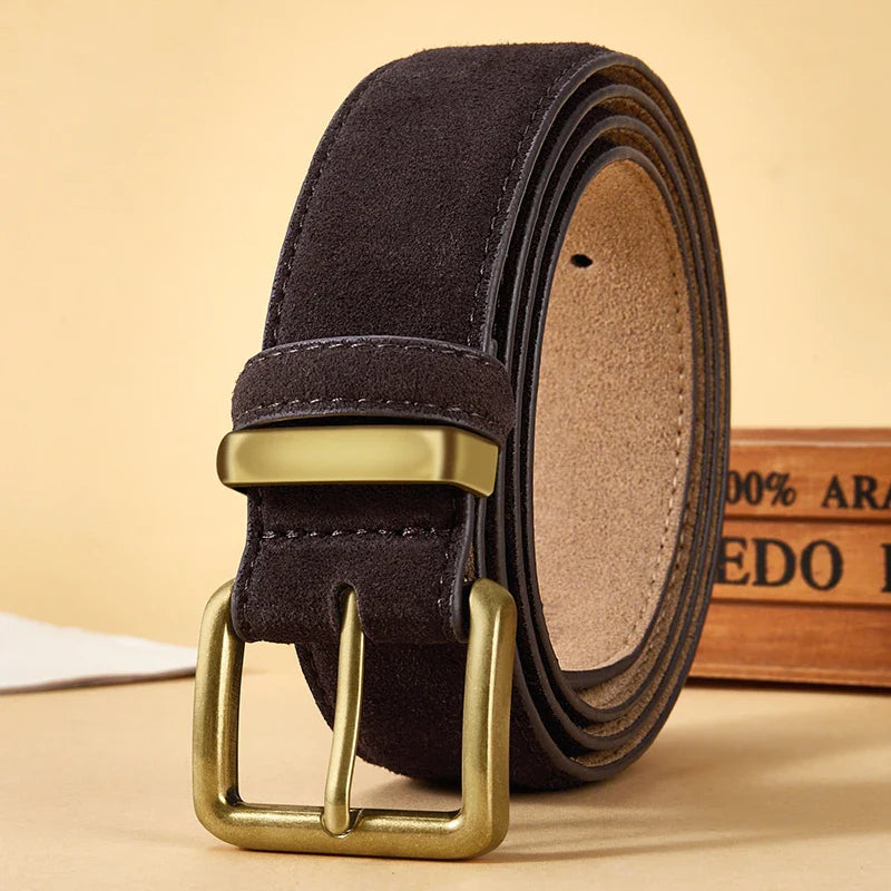 Luxury Suede Cowhide Leather Belt for Women, Vintage Style with Gold Buckle, 3.5cm Wide Waistband for Dresses & Jeans