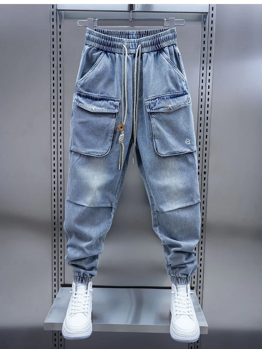 cargo Jeans Spring Light Blue Big Pocket Harem Pants Luxury brand men's clothing