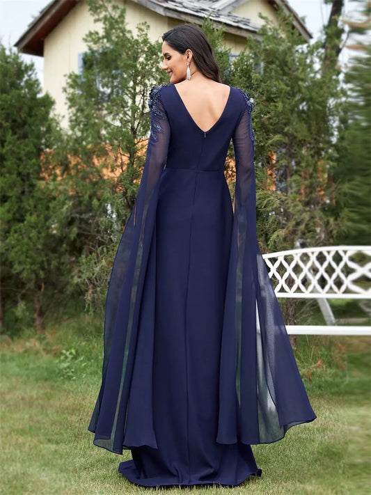 Luxury Chiffon Long Sleeves Navy Evening Dress Cocktail Dress Gown