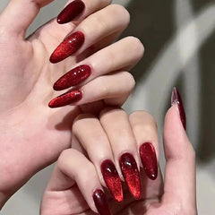 Shiny Red Cat Eye Press on Nails Solid Color Fake Nails Art Halloween Delicate False Nails Charms Supplies Accessories Wholesale