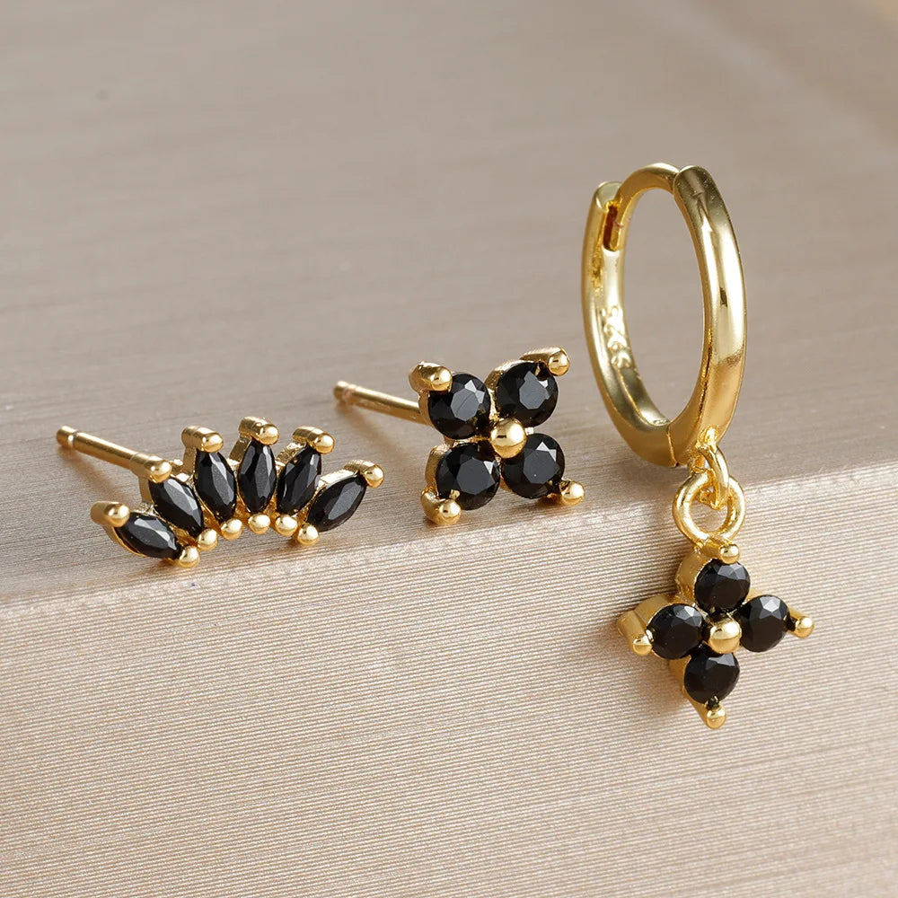 3PCS Fashion Orange Blue Zircon Hanging Earrings Set for Women Stainless Steel Flower Dangle Earring Piercing Jewelry