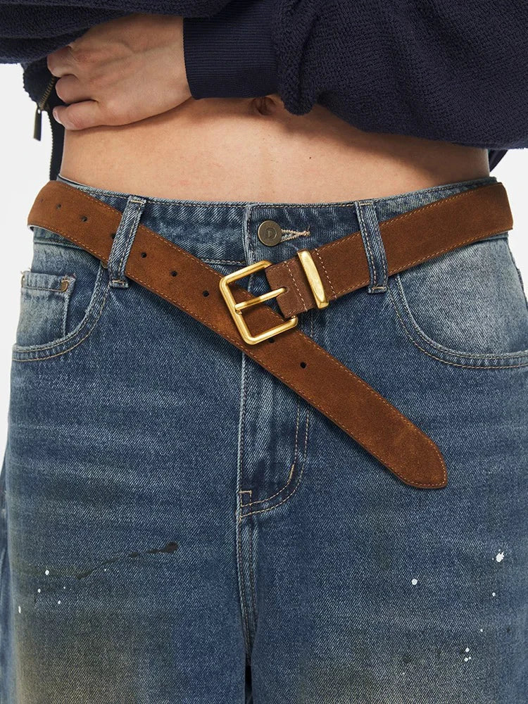 Luxury Suede Cowhide Leather Belt for Women, Vintage Style with Gold Buckle, 3.3cm Wide Waistband for Dresses & Jeans