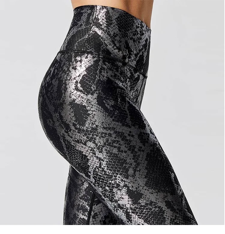 Women's Retro Metallic Snake Gym Leggings Blue Silver Shiny Legging Fitness Bottom