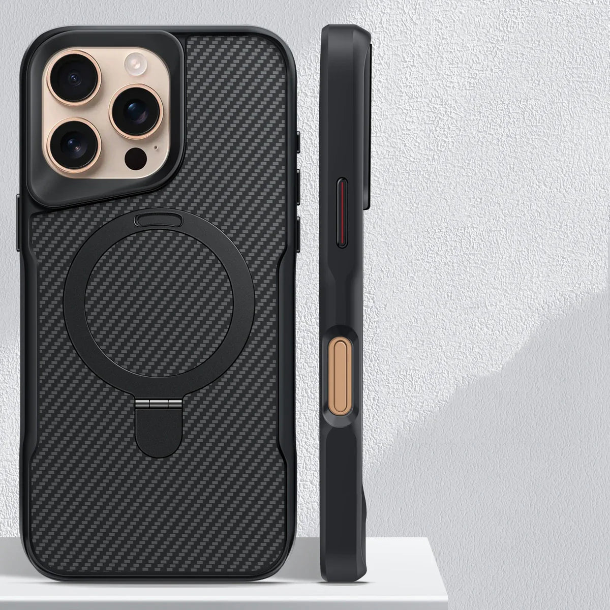 Desert Titanium metal holder carbon fibre magnetic phone case for iPhone 17 16E 15  Pro Max magsafe charging armor hard case