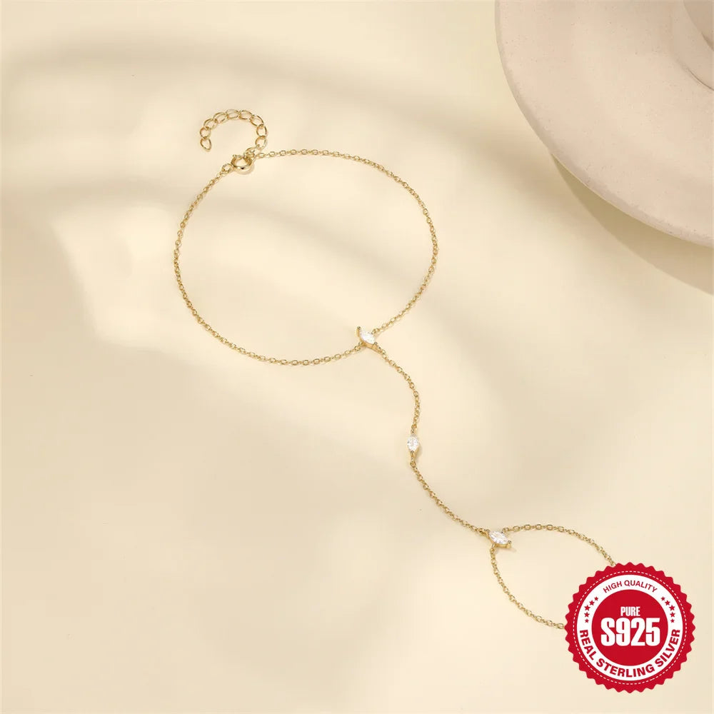 CANNER 925 Sterling Silver Flower Clover CZ Finger Ring Chain Bracelet For Women Ins Hand Chain Horse Eye Jewelry Party Gift