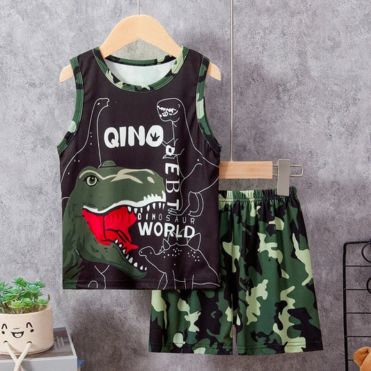 2-Piece Boy Summer Fun Printing Set Children's Casual Joker Camo Dinosaur Vest Girl Fashion Holiday Comfort Shorts T-shirt Set