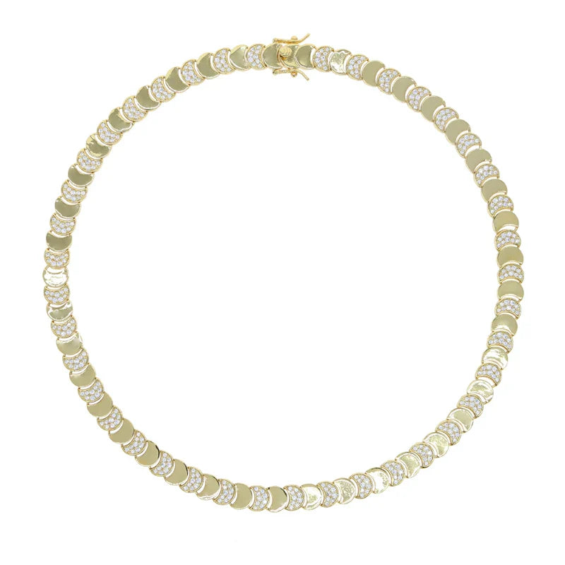Gold Color Fashion Women Jewelry Set Geometric Shiny Plain Paved 5A CZ Moon Shaped Chain Choker Necklace Bracelet
