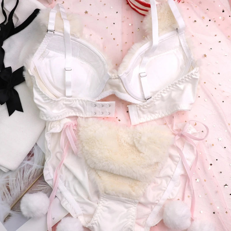 Womens Lolita Kawaii 2pcs Bra Panty Set Cute Bear Embroidery Fluffy Faux