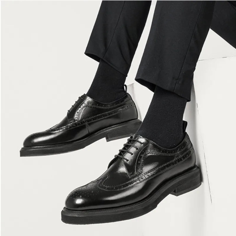 Men Casual Leather Shoes Fashion Classic Brogues Luxury Genuine Cow Leather Handmade Thick Heels Black Wedding Formal Shoes Male