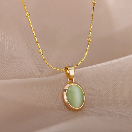 Fashion Stone Opal Oval Necklace For Women Stainless Steel Gold Color Oval Stone