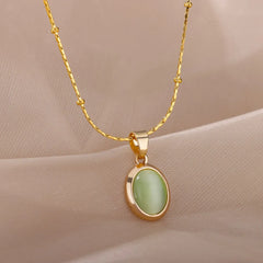 Fashion Stone Opal Oval Necklace For Women Stainless Steel Gold Color Oval Stone