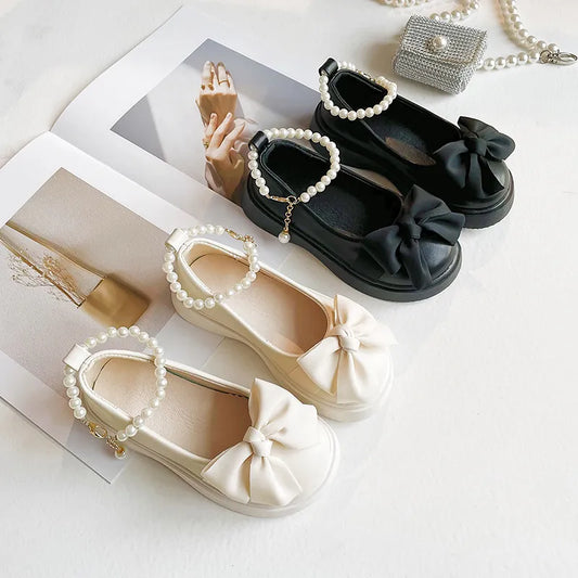 Girls Leather Shoes for Wedding Party 2024 Early Autumn Brand New Kids Flats Pearls Ankle Strap Chic Sweet Princess School Shoes