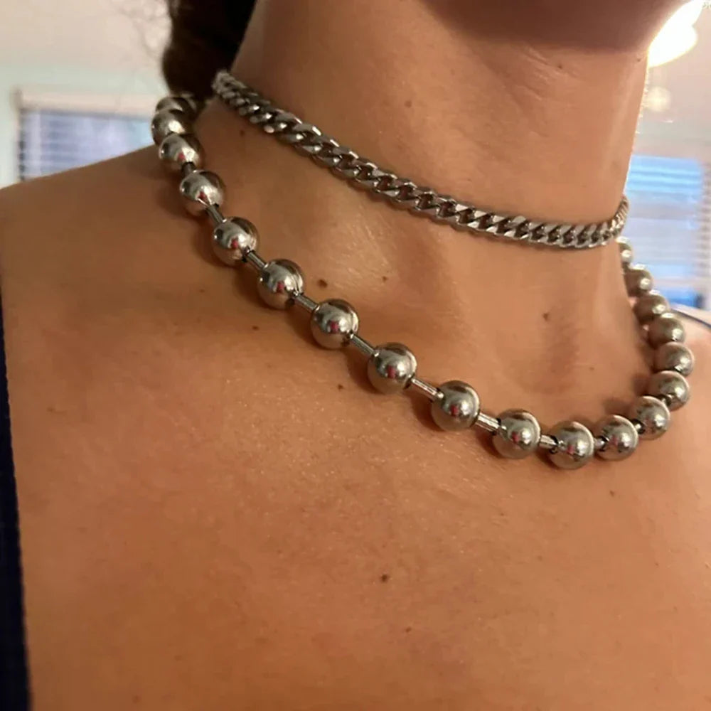 Grunge Y2K Statement Oversized 10mm Ball Chain Choker Necklace Silver Plated Handmade Gothic Unisex Men Women Chunky Jewelry
