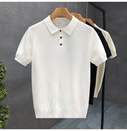 Turn Collar Knit Polo Shirt Short Sleeve Mens Sweater Top