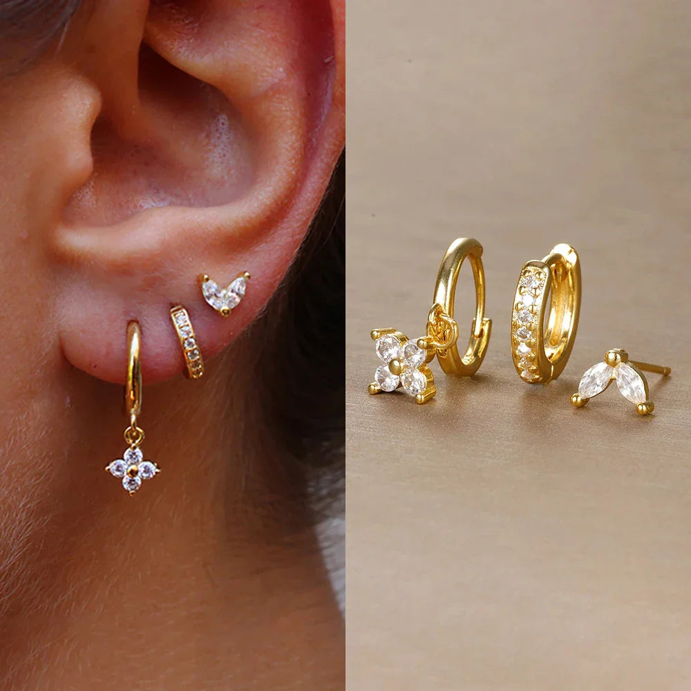 3PCS Trendy Stainless Steel Flower Drop Earring Set For Women Crystal Zirconia Dangle Earring Hypoallerg Piercing Jewelry aretes