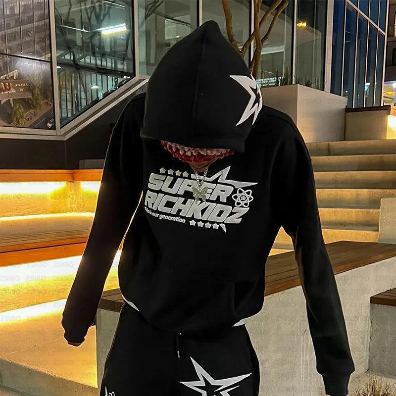 Y2K Aesthetics Retro Black Foam Print Pattern Hoodie 2000s Retro Grunge Goth Jacket