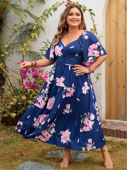 Plus Size Summer Flower Floral Print Long Dress Women V-Neck Backless Fashion Ruffle Pleated Ladies Dresses Loose Woman Dress