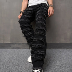 Ripped Jeans Pants Male Loose Straight  Solid Casual Denim Trousers