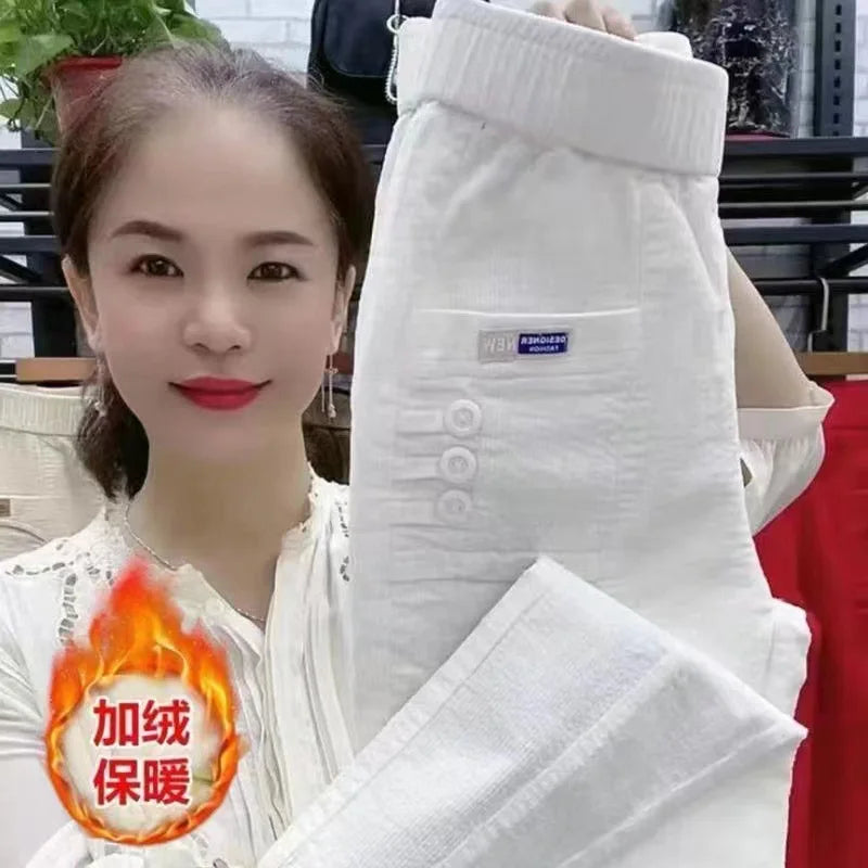 Women Warm Spring Winter Button Pockets Ruffles Vintage Pant