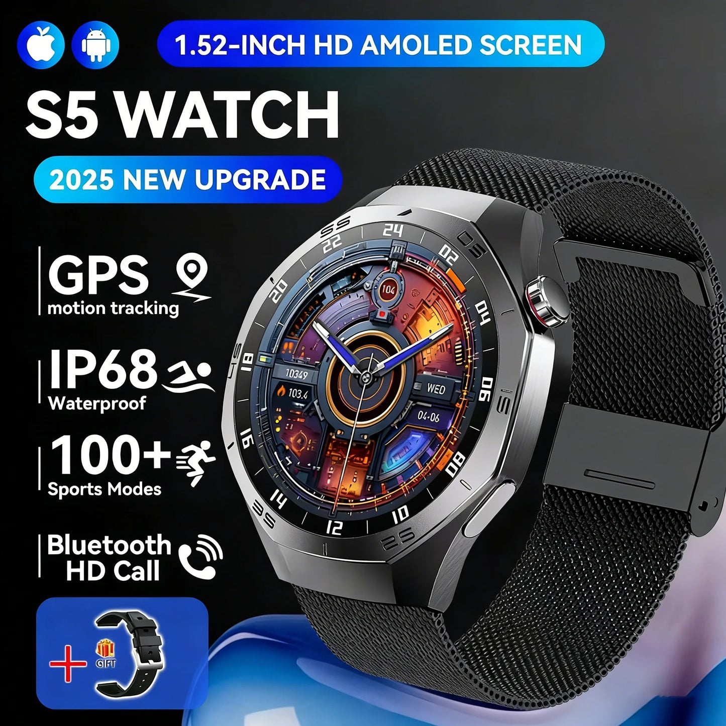 Round GPS Smart Watch Waterproof BT Call Men SmartWatch for Women Health Monitor 100+Sport Smart Band DIY Watch Faces Best Gifts
