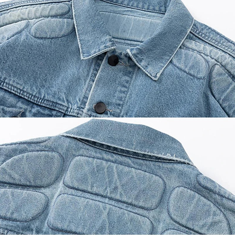 Retro Cargo Denim Jacket Man Gothic Turtle Shell Pattern Hip Hop Bomber Jackets